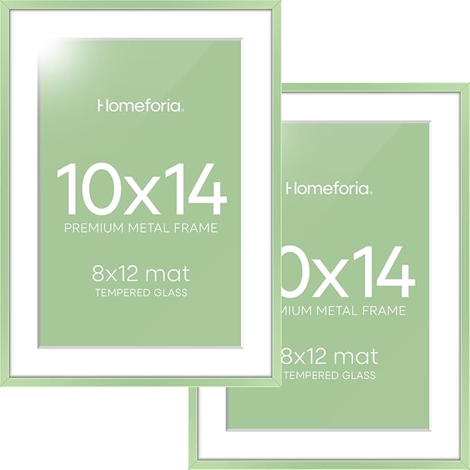 Homeforia 10x14 Picture Frame Sage Green, High End Metal 10x14 Wall Hanging Frame with Mat 8x12, 10 x 14 Poster Frame Matted to 8 x 12 inch Photo, 10by14 Thin Frame, Tempered Glass, Wall Kit, Set of 2