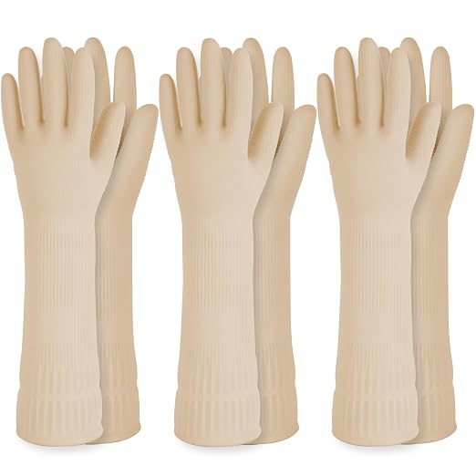 Rubber Dishwashing Gloves, Non-Slip Kitchen, Ivory Large, 3 Pairs | Korean by QualityKitchenandHome
