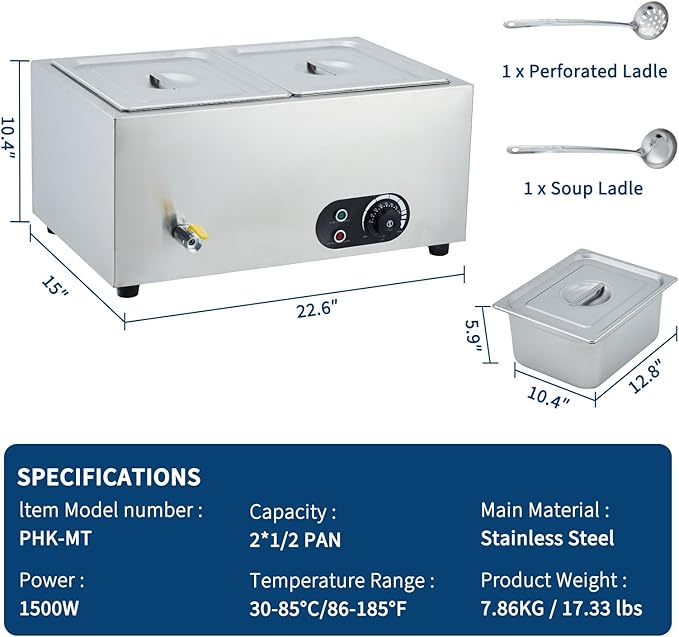 Commercial Food Warmer Stainless Steel 1500W Electric Buffet Server Bain Marie, 2-Pan Catering Hot Food Station for Restaurants, Hotels, Banquets