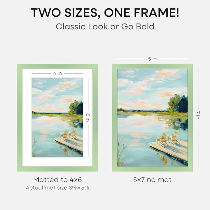 Homeforia 5x7 Picture Frame Sage Green, High End Metal 5 x 7 Frames with Mat 4 x 6 for Photo, 5by7 Desk Frame Matted to 4x6 inch Art, 5 by 7 Wall or Tabletop Frames, Tempered Glass, Wall Kit, Set of 2