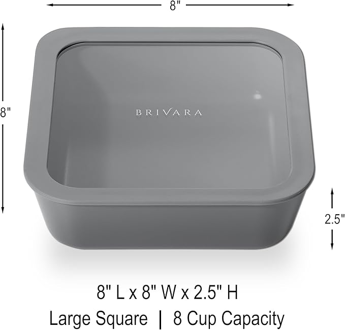 Ceramic Coated Glass Food Storage Container | No PTFE, PFOA, PFAS, and BPA | Reusable Non Toxic Meal Prep Container with Glass Lid | Easy To Store | 8 Cup Square [Smoke]