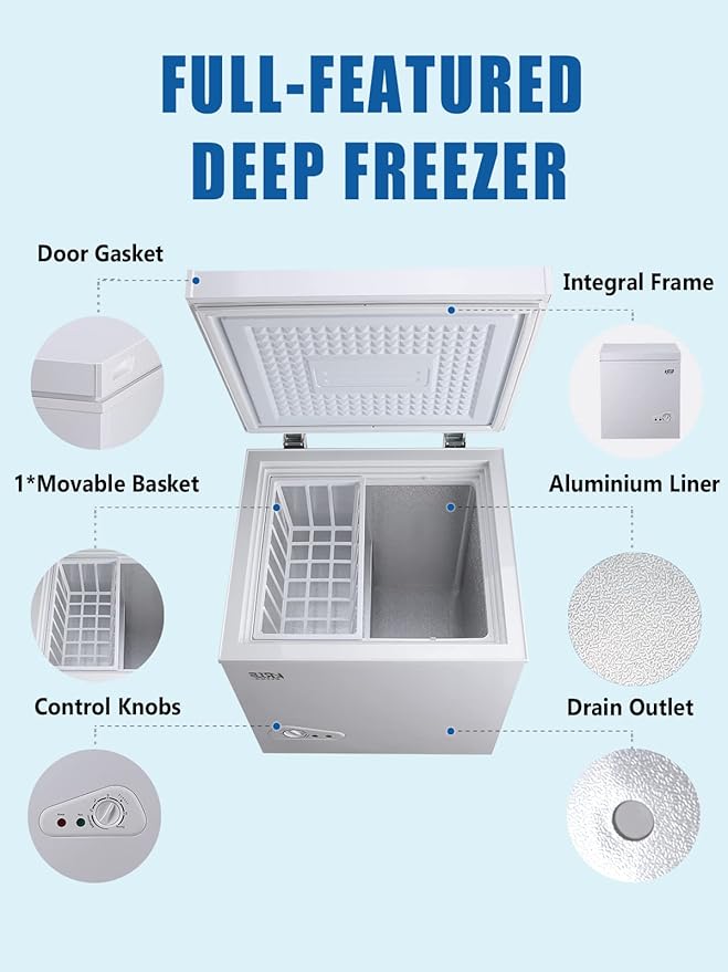 3.5 Cu.Ft Deep Compact Freezer with a Removable Basket, Chest Freezer 7 Gears Temperature Control(-18°F to -46°F), for House, Garage, Kitchen, Basement, Shop, White