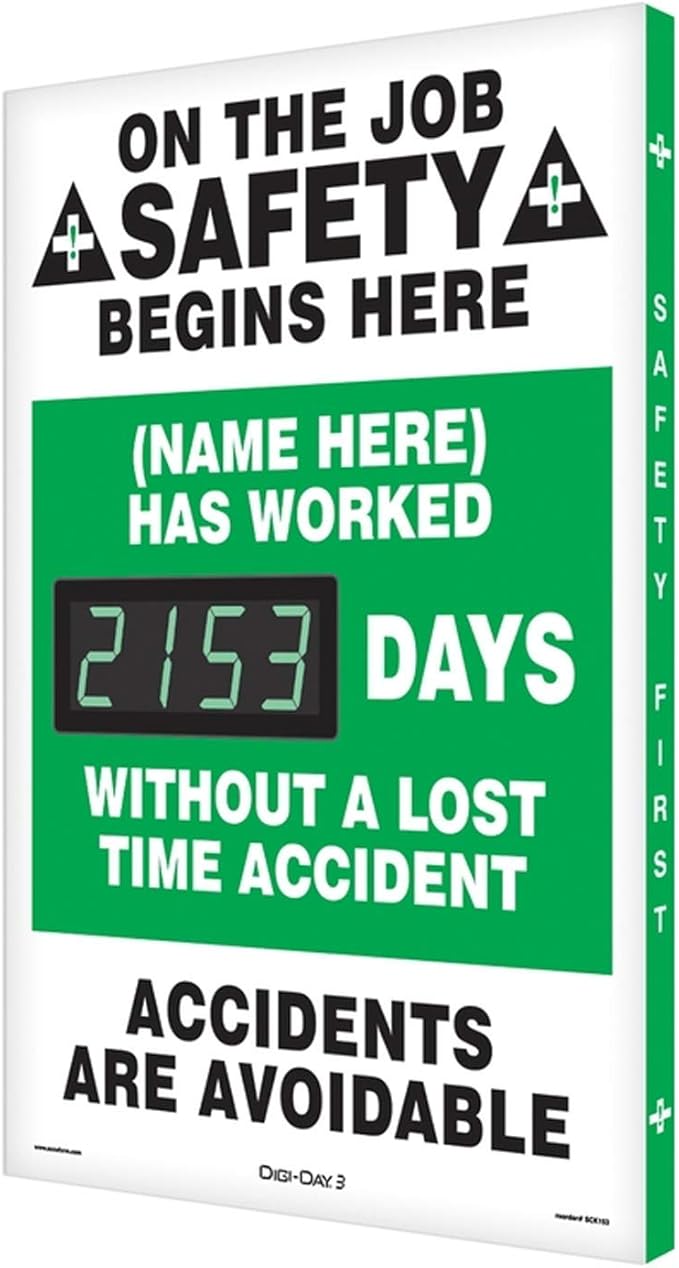 SmartSign "On The Job Safety - Add Your Name Here, Has Worked_ Days Without Accident" Custom Electronic Safety Scoreboard | 20" x 28", Made in USA