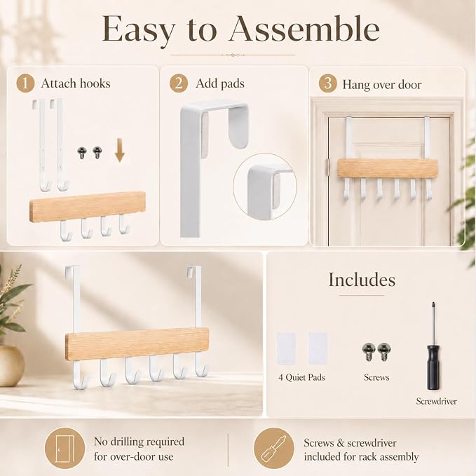 Peasulin Wood & Metal Over the Door Hooks, 11IN Over the Door Hook Rack | 6 - Image 6