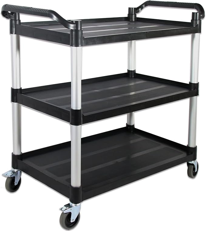 Plastic Commercial Cart Large Size, Restaurant Cart with Wheels Lockable, Heavy Duty Utility Service Cart for Foodservice, Commercial,Office, Warehouse, Black, 40.15X 19.29x 38.97 inches.