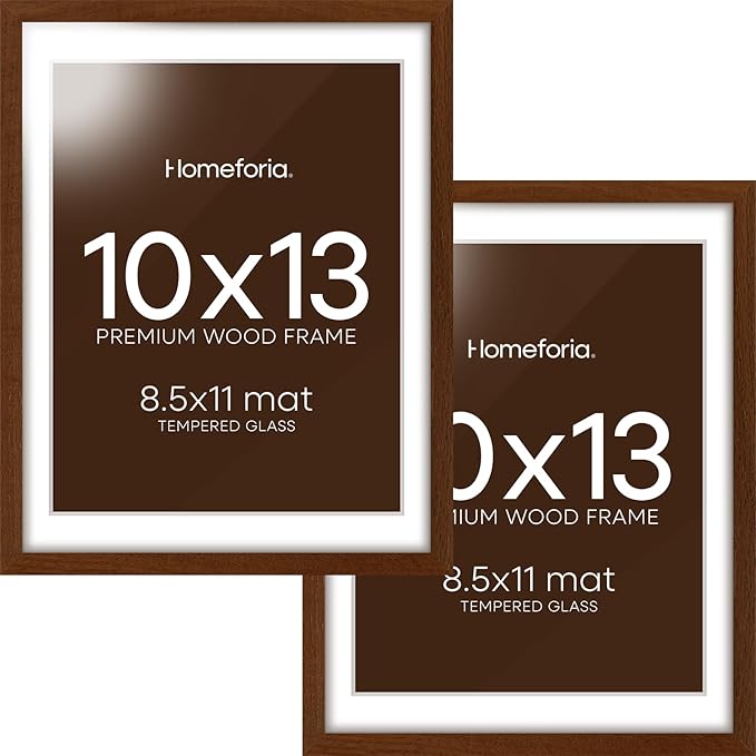 Homeforia 10x13 Brown Picture Frame, High End Dark Oak 10x13 Walnut Poster Frame with Mat 8.5x11, 10 x 13 Wooden Frames Matted to 8 by 10 inch Photo, 13x10 Frames, Tempered Glass, Wall Kit, Set of 2