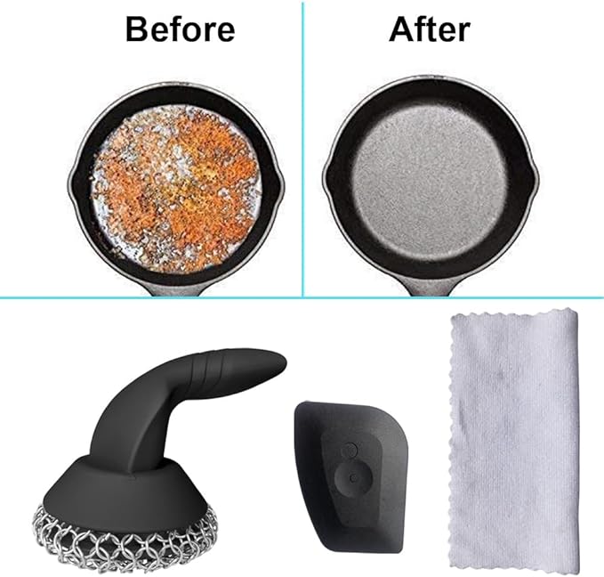 Cast Iron Scrubber with Pan Scraper & Towl, 316 Chainmail Scrubber with Long Handle, Upgraded Chain Mail Scrubber Cleaner for Grill Pan Skillet Wok Carbon Steel Dutch Oven Metal Brush (Black)