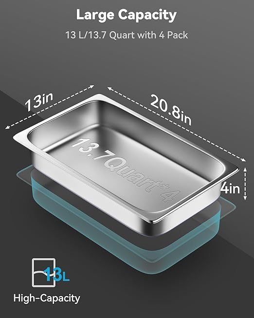 4 Pack Hotel Pans with Lids, 1/1 Full Size 4" Deep Steam Table Pan, 19 Gauge Thickened Stainless Steel Anti Jam Steam Pan, Commercial Food Storage Containers