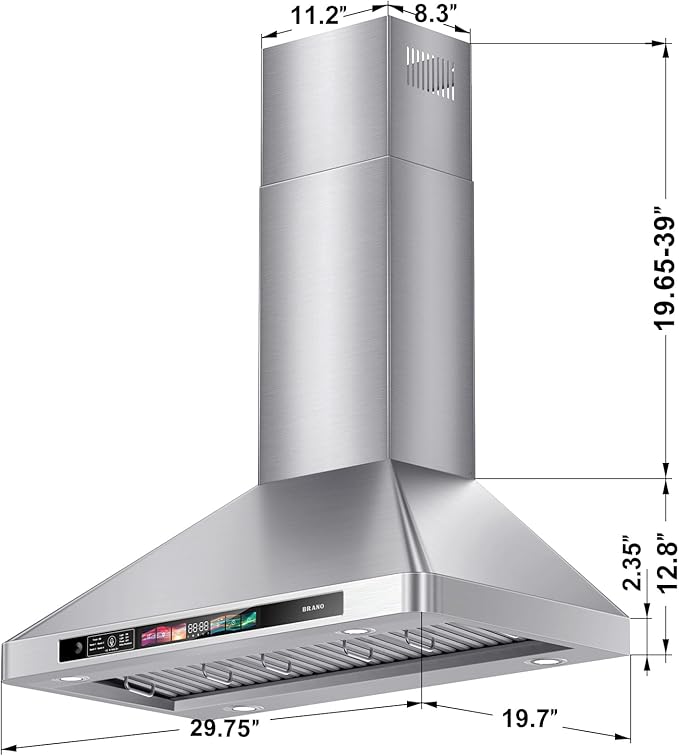 BRANO 30 Inch Wall Mount Range Hood 900 CFM with Voice/Gesture/Touch Control, Stainless Steel Vent Hood with 4 Speed, 4 Adjustable Lights, Ducted/Ductless Convertible