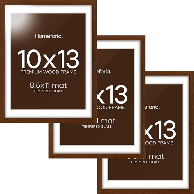 Homeforia 10x13 Brown Picture Frame, High End Dark Oak 10x13 Walnut Poster Frame with Mat 8.5x11, 10 x 13 Wooden Frames Matted to 8 by 10 inch Photo, 13x10 Frames, Tempered Glass, Wall Kit, Set of 3