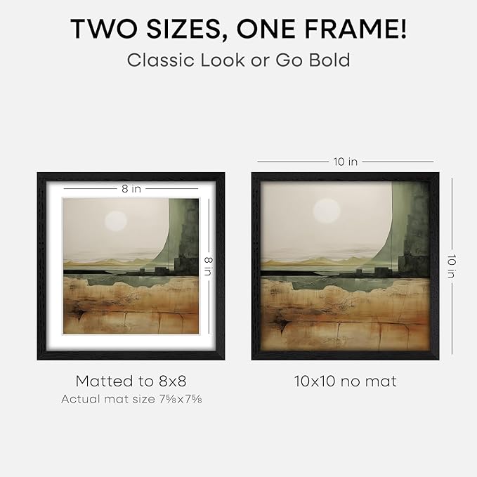 Homeforia 10x10 Picture Frame Black Wood, High-End Oak 10 x 10 Square Frames with Mat 8 by 8 Photo, 10by10 Wooden Frame Matted to 8x8 Print, Wall or Tabletop Frames, Tempered Glass, Wall Kit, Set of 3