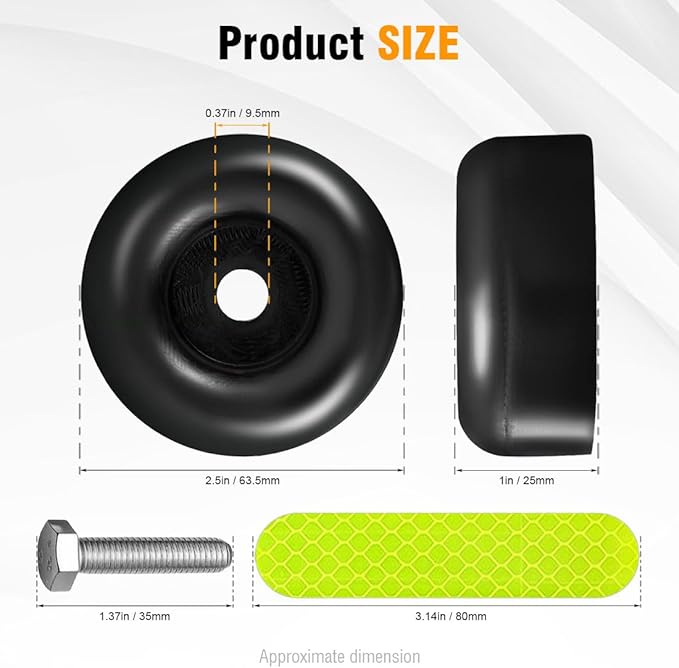Rubber Bumpers for Cargo Trailer Ramp Door (Includes screw kit & Reflective Stickers) 2.5" Round Rubber Bump Stops Set Black - Used on Trailers Haulers Campers RVs Marine Heavy Duty Equipment 4 Pack