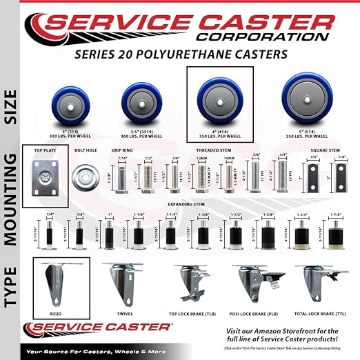 Service Caster Brand Replacement Caster for Uline Caster H-7448R - Stainless Steel Rigid Top Plate Caster with 4 Inch Blue Polyurethane Wheel - Fits Carts and Platform Trucks H-3352
