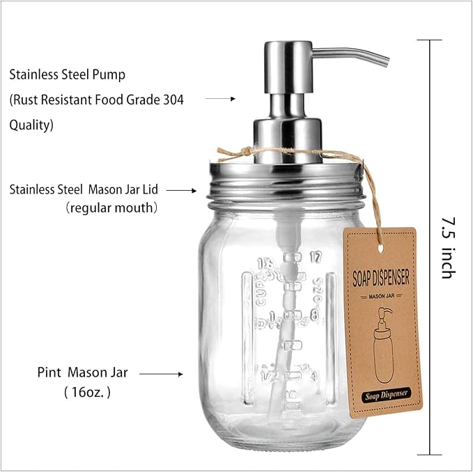 Amolliar Mason Jar Liquid Soap Dispenser, Lotion Soap Brushed Nickel 1 Pack | - Image 5