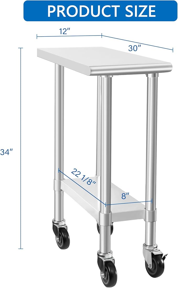HARDURA Stainless Steel Commercial Table Prep & Work Table with Casters Heavy Duty Metal Table with Wheels NSF 430 30×12 Inches