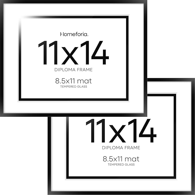 Homeforia 11x14 Diploma Frame Black, High End Metal 11 x 14 Certificate Frame with Mat 8.5 x 11 inch, 14x11 Document Frame Matted to 8.5x11, Award Graduation Frames, Tempered Glass, Wall Kit, Set of 2