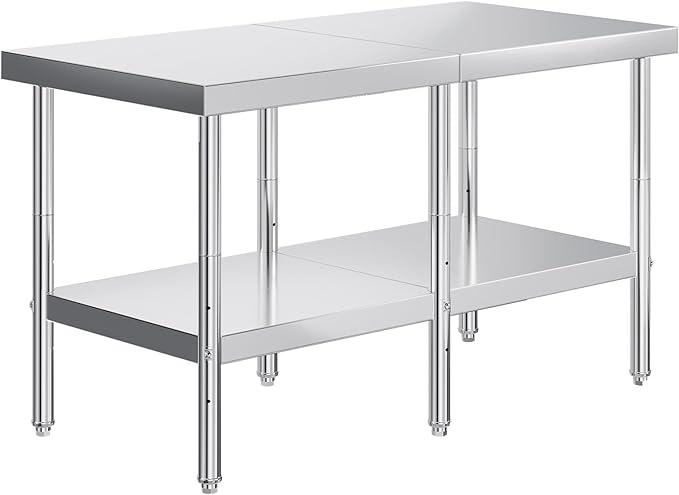 Jocisland 30" x 60" Stainless Steel Table for Prep & Work Adjustable Under Shelf and Feet, for Commercial Kitchen, Restaurant, Hotel and Garage
