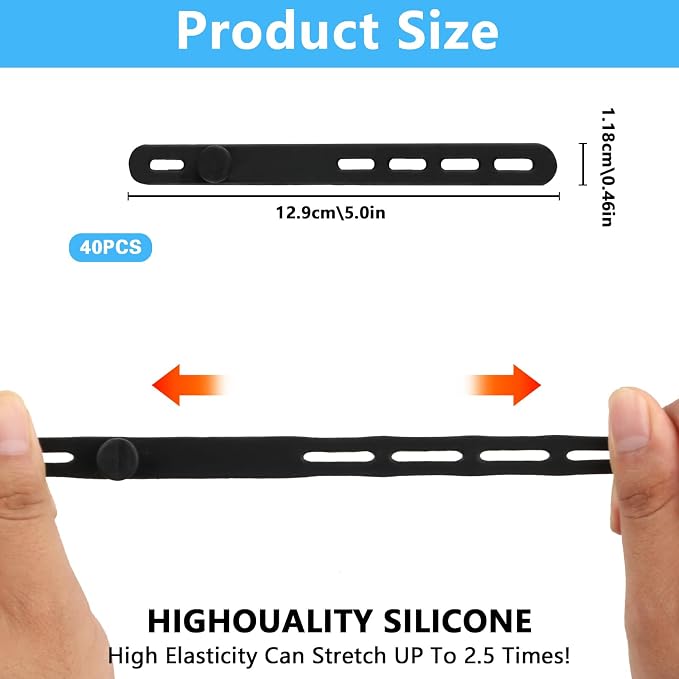40 Pcs Black Silicone Cable Ties, Reusable Cable Straps Wire Organizer. | Cable - Image 2