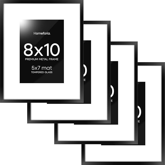 Homeforia Black Picture Frames 8x10, High End Metal 8 x 10 Photo Frame with Mat 5 by 7 Art, 10x8 Black Frame Matted to 5x7 inch Print, 8by10 Wall or Tabletop Frames, Tempered Glass, Wall Kit, Set of 4