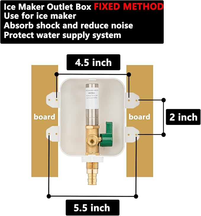 (1 Pack) Lidertik 1/2 inch Expansion PEX-A Pre-Assembled Ice Maker Outlet Box Valve 1/4 inch Recessed Refrigerator Water Line with Shut Off Valve and Stainless Steel Water Hammer Arrestor ZBQH-631-LK
