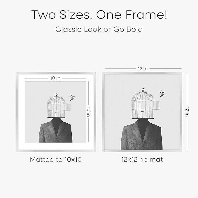 Homeforia 12x12 Silver Frame, High End Metal 12 x 12 Square Picture Frame with Mat 10 x 10 Photo, 12x12 Poster Frames Matted to 10x10 Print, 12 by 12 Hanging Frames, Tempered Glass, Wall Kit, Set of 3