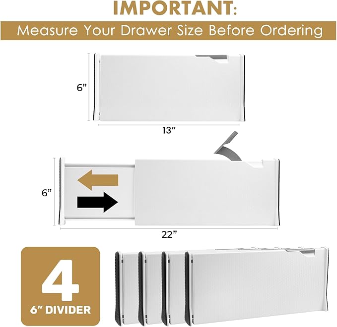 RAPTUROUS Adjustable Deep Drawer Divider – 6" Tall, Expandable 13-22", Non-Slip - Image 2