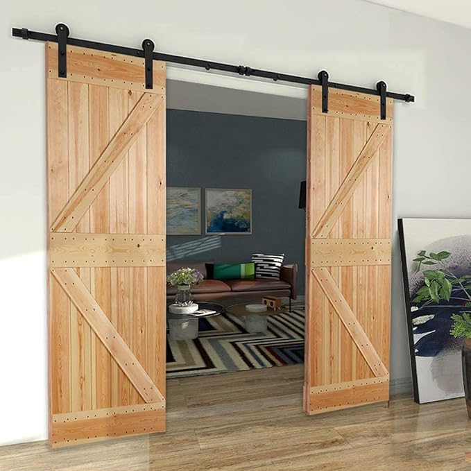 CCJH 12.6FT Sliding Barn Door Hardware Kit, Heavy Duty, Smoothly and Silently, Easy to Install, Fit 37.8" Width Double Door Panel, I Shaped Hangers Black
