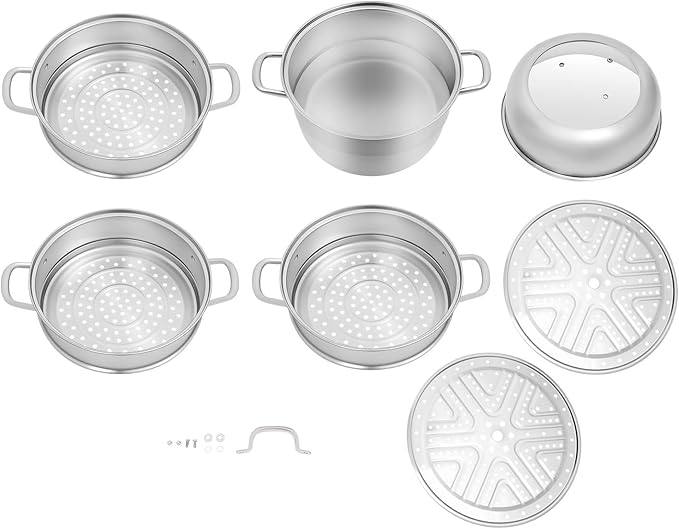 5-Tier Food Steamer Pot for Cooking, 2.38 Gal Stainless Steel Steamer Pot with Lid, Stackable Steaming Pots Steam Cooker Cookware for Dumpling Seafood, Compatible with Gas Stove (12.8 Diameter)
