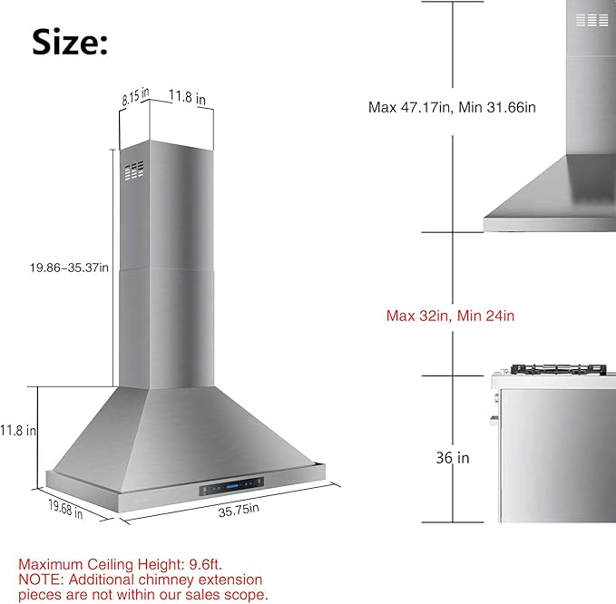 IKTCH 36-inch Wall Mount Range Hood 900 CFM Ducted/Ductless Convertible, Kitchen Chimney Vent Stainless Steel with Gesture Sensing & Touch Control Switch Panel, 2 Pcs Adjustable Lights(IKP02-36'')