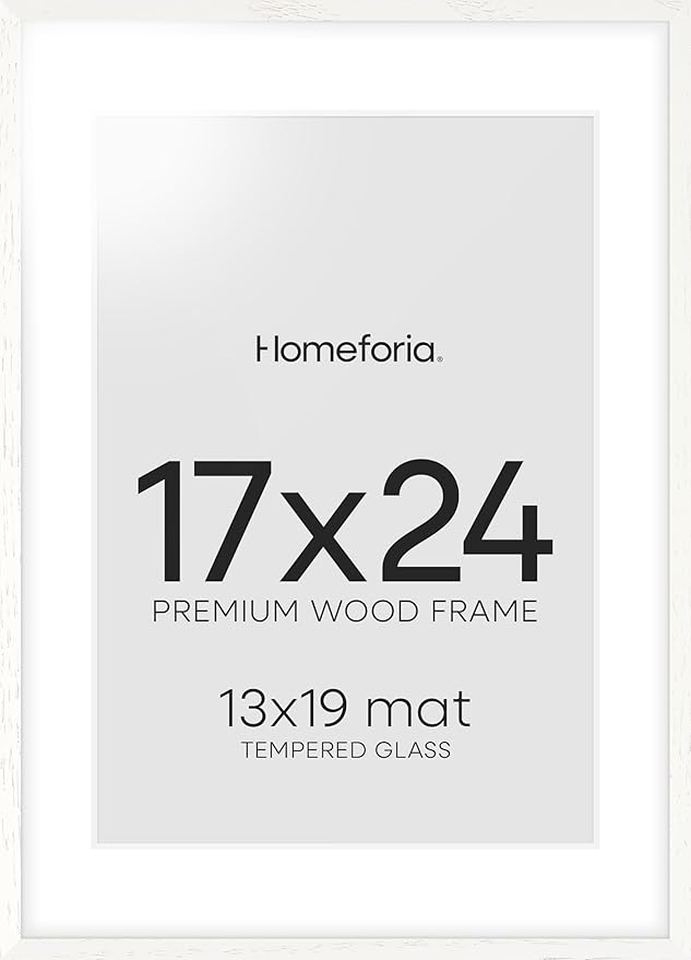 Homeforia 17x24 White Picture Frame, High End Oak 17x24 White Wooden Poster Frames with Mat 13x19 for Print, 17 x 24 Wood Frame Matted to 13 x 19 Photo, 24x17 Frame, Tempered Glass, Wall Kit, Set of 1