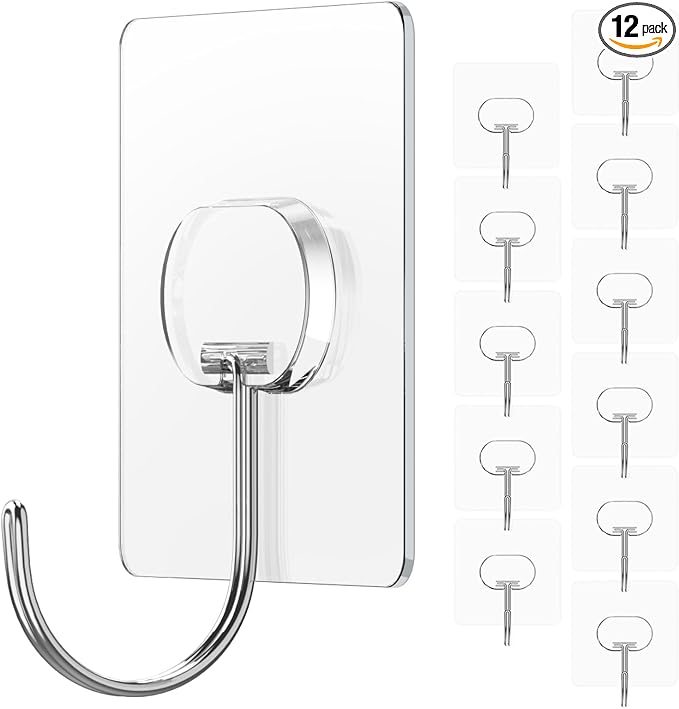 Adhesive Wall Hooks No Drill Large Clear Heavy Duty, 13LB Sticky 12 Pack | by JINSHUNFA