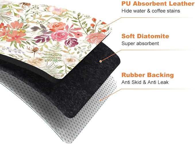 LOKHOM 18"x24" Dish Drying Mat，Pink Floral Coffee Mat | Pink Roses Petals Prints - Image 9