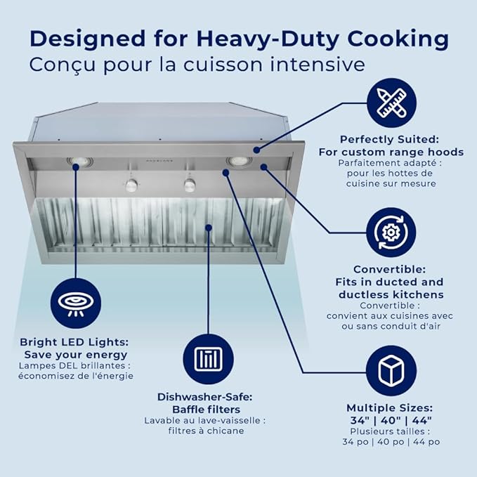 Hauslane Range Hood Insert 42 Inch, Hood Vent for Kitchen | Low Noise Performance, Professional-Grade Baffle Filters, LED Lamps, Stainless Steel Ductless Hood, Built in Range Hood 18.5” Deep