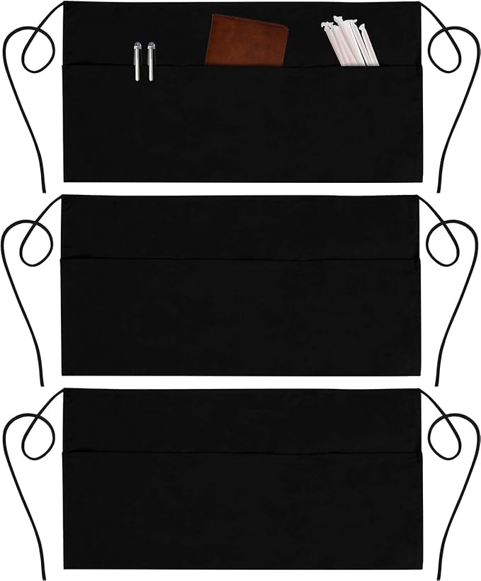 GREEN LIFESTYLE 3 Pack Server Aprons with 3 Pockets - Waist Apron, Waitress Apron for Women and Man, Water Resistant with Long Waist Strap Reinforced Seams, Half Apron (Black)