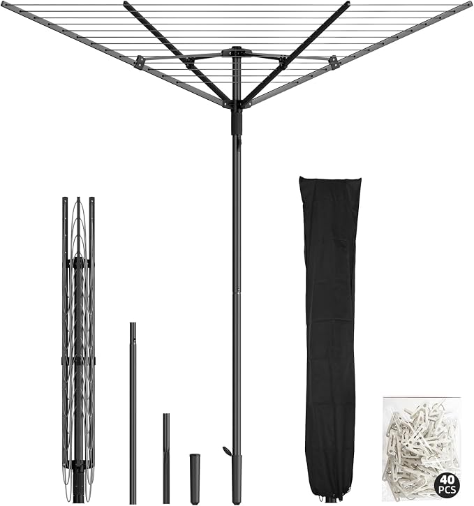 Heavy Duty Outdoor Umbrella Drying Rack, Rotating Height Adjustable Clothesline by BAKON