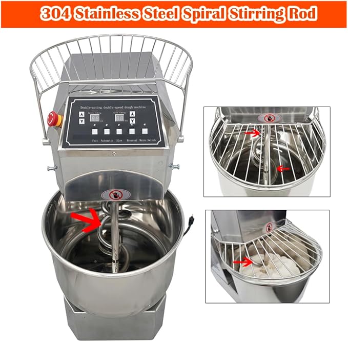 Commercial Spiral Dough Mixer 20L 304 Stainless Steel Stand Mixer with Double Action & Variable Speed, Heavy Duty Pizza & Bread Dough Kneading Machine for Restaurants, Bakeries, Home Kitchens