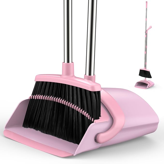 Broom and Dustpan Set for Home, 51-in Long Adjustable Handle Angle Broom and by EZKEY