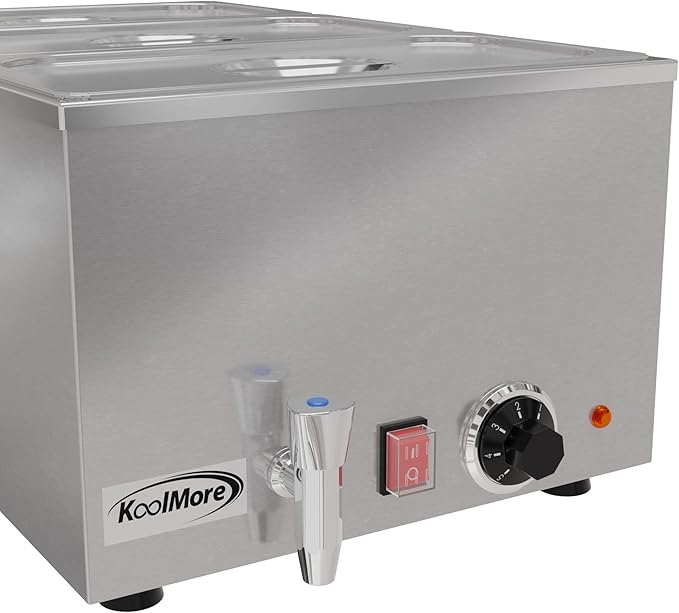 KoolMore Commercial Bain Marie Countertop Food Warmer, Soup Station, and Buffet Table Server with Three Serving Section and Tap, Stainless-Steel Steamer with Auto Shut Off (CFW-3T), Silver
