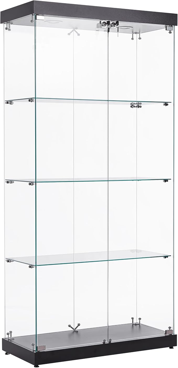 Yoluckea 4 Shelves Glass Display Cabinet with Light and 2 Doors, Floor Standing Clear Glass Curio Cabinet Collection Display for Living Room Bedroom 66.3” x 31.5” x 14.2” Black
