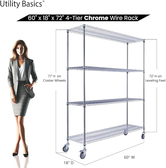 NSF Commercial 4-Tier Wire Shelving with Wheels, 60"x18"x72" Heavy Duty Metal Shelves 3200 lbs Max Capacity, Chrome Storage Rack for Garage Kitchen Pantry Warehouse