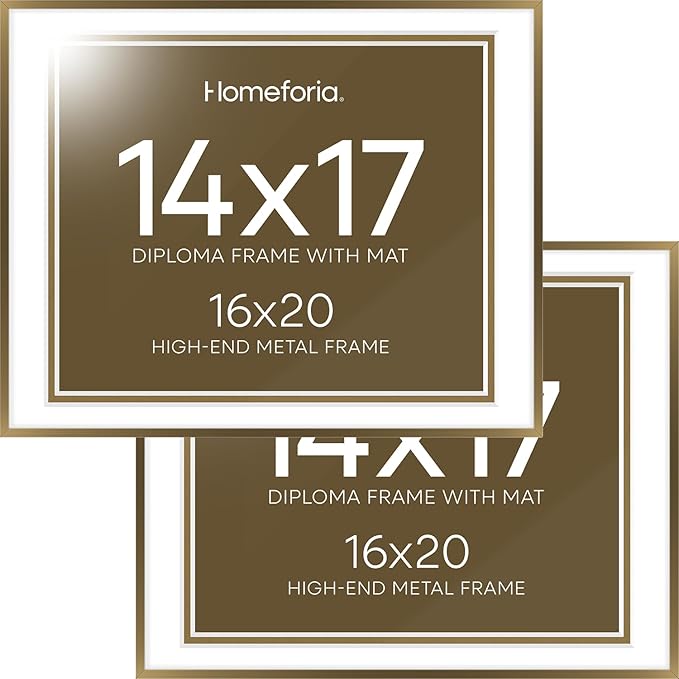 Homeforia 16x20 Diploma Frame Bronze, High End Metal 16 x 20 Certificate Frame with Mat for 14 by 17, 20x16 Document Frame Matted to 14x17, Graduation Degree Frames, Tempered Glass, Wall Kit, Set of 2