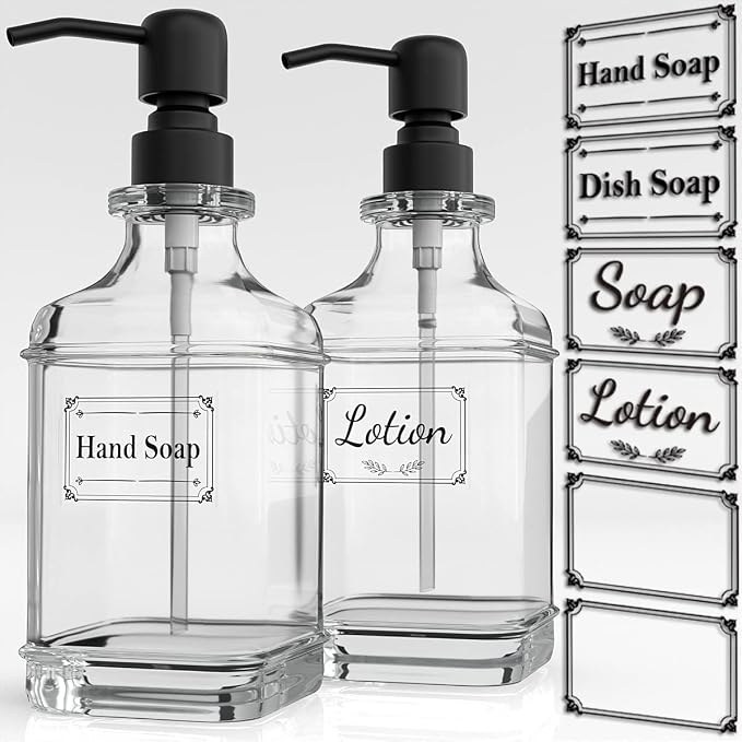 2 Pack Soap Dispenser, 18 Oz Antique Design Thick Glass Hand Dispensers; by GLADPURE