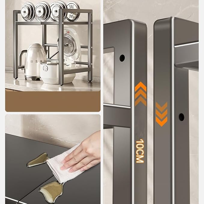 2-Tier Extendable Microwave Oven Rack with 8 Hooks, Adjustable Microwave/Toaster Shelf, Microwave Stand with Storage, Retractable Kitchen Countertop, for Kitchen Shelves Counter Top Organizer