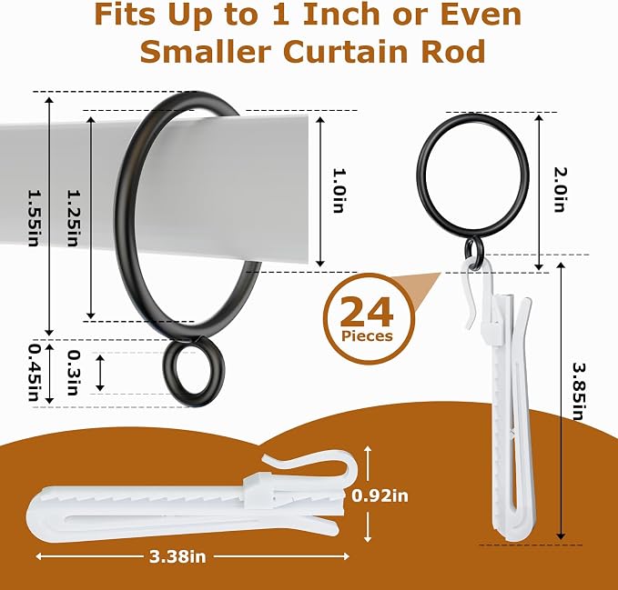 1.25 Inch Curtain Rings with Hooks, 24 Pack Black Metal Drapery Rings with Pins - Image 2