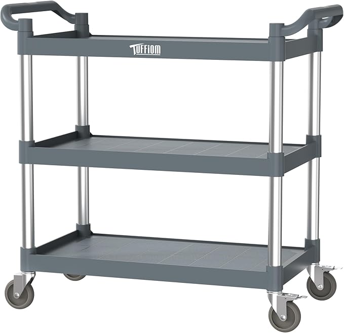 TUFFIOM Plastic Service Utility Cart with Wheels,Heavy Duty 450lbs Capacity, 3-Tier Commercial Rolling, Ideal for Restaurant, Foodservice, Office, Warehouse, Gray 40.4''L x 19.7''W x 38.6''H
