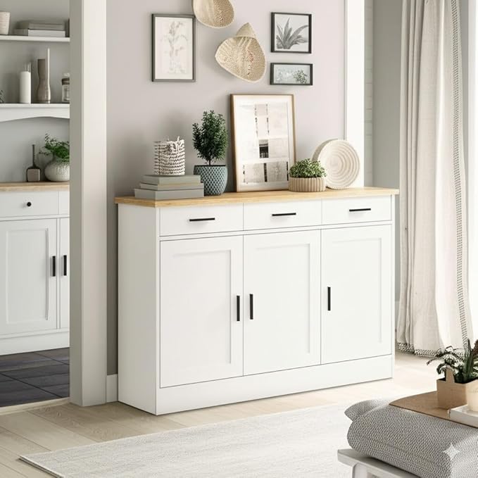 Anystyle 45" White Buffet Cabinet with Storage, Kitchen Sideboard with 3 Drawers & 3 Doors, Modern Coffee Bar Cabinet Credenza Console Table for Dining Room, Living Room, Hallway