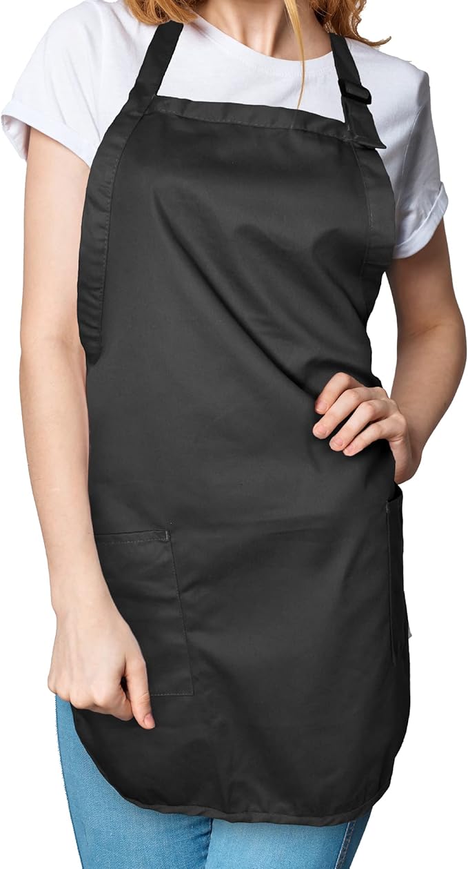 DALIX Apron Commercial Restaurant Home Bib Spun Poly Cotton Kitchen Aprons (2 Pockets) in Black
