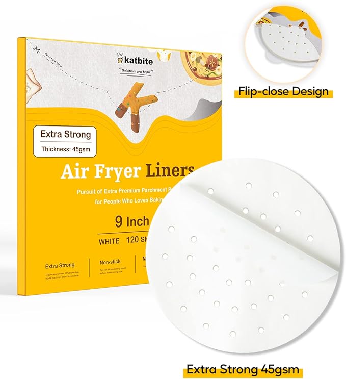 Katbite 9 Inch Air Fryer Liners, 120 Non-Stick Perforated Parchment Papers for Air Fryer, Bamboo Steamer Liners
