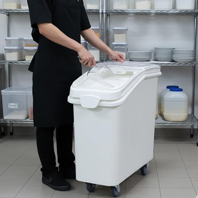 TrueCraftware- 21 Gallon (335 Cups) Shelf Ingredient Bin White with Clear Sliding Lid Casters & Measuring Scoop- Plastic Kitchen Pantry Storage Bin for Dry Food Flour Sugar Kitchen Restaurant