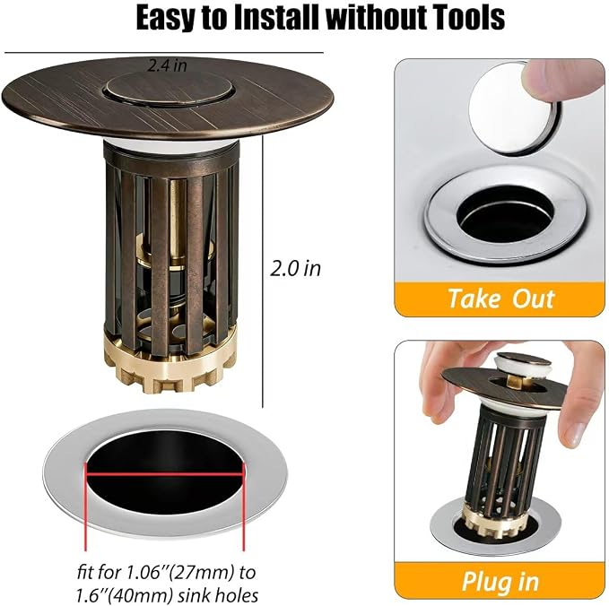 Anlige 3 in 1 Pop Up Bathroom Sink Stopper, Bathroom Sink Drain Strainer - Image 2
